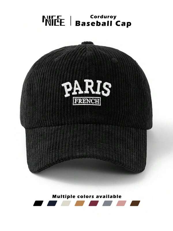 Casquette de baseball unisexe en velours côtelé brodée << Paris », style rétro à la mode, à tige souple, idéale pour l'automne et l'hiver. Taille ajustable, parfaite pour les déplacements, les activités de plein air, les voyages, le sport, le golf et la pêche.