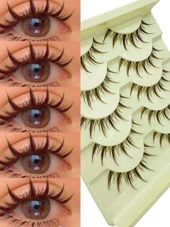 5对卡通假睫毛，棕色假睫毛，自然猫眼狐狸眼假睫毛，蓬松轻盈，可重复使用，适合日常佩戴、万圣节、圣诞节、约会和派对等场合。