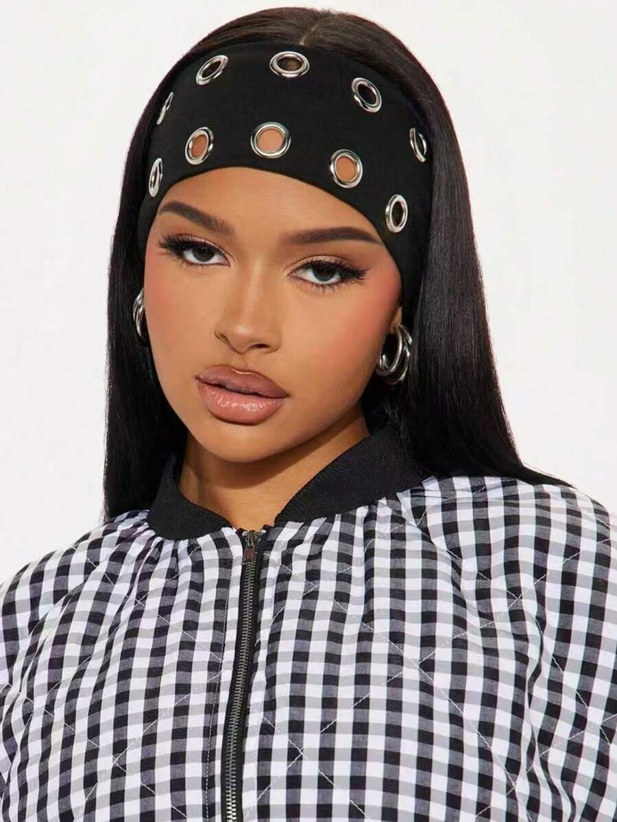 1pc Fashion Punk Headband, Gothic Style Soft Non-Slip Elastic Hollow Beach/Holiday Headband, Stretchy Yoga Sports Headband, Versatile For Daily Wear - 黑色 - 查看 1