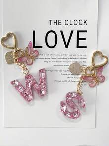 1pc Shiny Pink Rhinestone 26 Alphabet Letter Keychain, With Heart Tag Butterfly Metal Heart Charm Pendant, Creative Fashion Women Backpack Decor, Party Gathering Stylish Gift, Anniversary, Valentine's Day, Christmas Gift For Friends, Family, Teachers Bag Charms Car Accessories Sister Gift Ideas