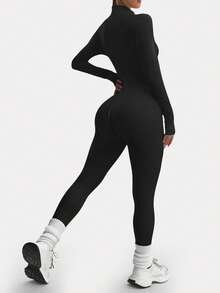 DINBEY Women's Solid Color Long Sleeve Zipper Jumpsuit - Body Sculpting, Hip Lifting & Tummy Control, Slim Fit For Yoga & Outdoor - Black - View 3