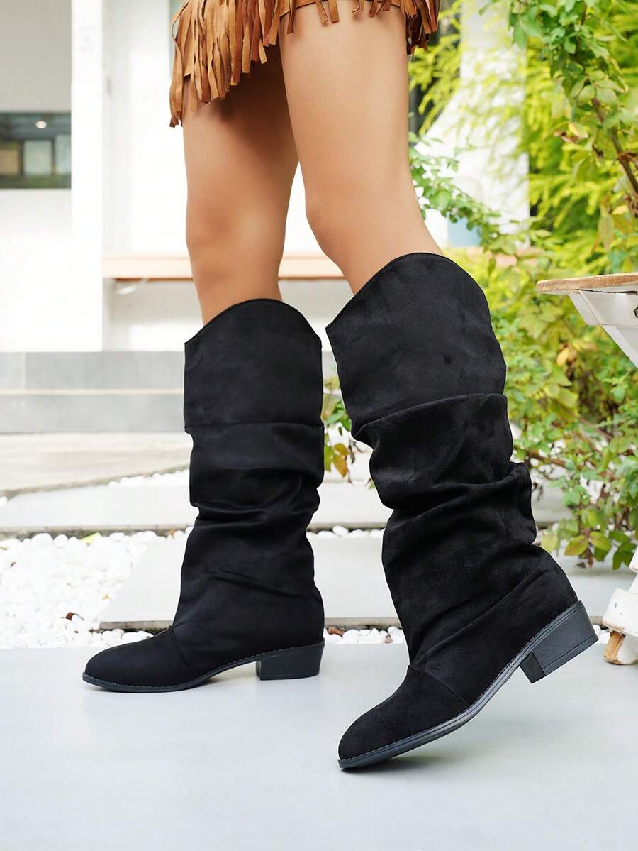 Women's New Autumn/Winter Velvet Ruched Tall Boots, Vintage Black Wide Shaft Pointed Toe Chunky Mid-Heel Fashion Boots, Unique Niche Design Punk Style Chelsea Boots For Outdoor Casual Fashion - Black - View 1