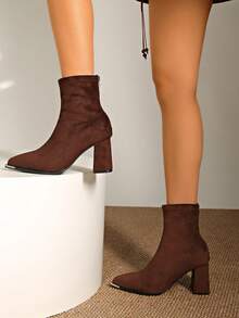 2025 Petite High Heel Boots, French Slim Fit Ankle Boots, Increase Height, Suede Short Boots, Thick Heel, Autumn/Winter,Burgundy Heels