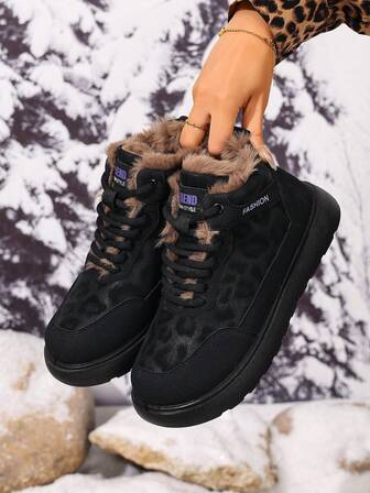 2025 Damsnökängor till halva vaden, tjocka varma snörstövlar till halva vaden, leopardmönstrade amerikanska sportkängor för utomhusbruk, halkfria, slitstarka, köldtåliga snöstövlar