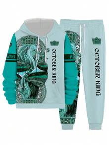 男士狮子图案时尚新颖睡衣家居服套装，连帽衫和运动裤套装，长袖卫衣和慢跑裤两件套 - 彩色 - 查看 3