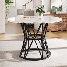 Round Dining Table (76cm), Kitchen Dining Table, Round Coffee Table For 4 People, Suitable For Dining Room, Living Room, Elegant Metal Table Legs, MDF Wood Tabletop, Gold - Black + MDF - View 12