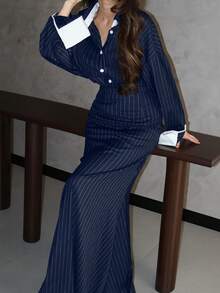 Women's Elegant Striped Blouse & Solid Color A-Line Skirt Set, Casual Striped Outfit For Spring/Autumn - Blue - View 5