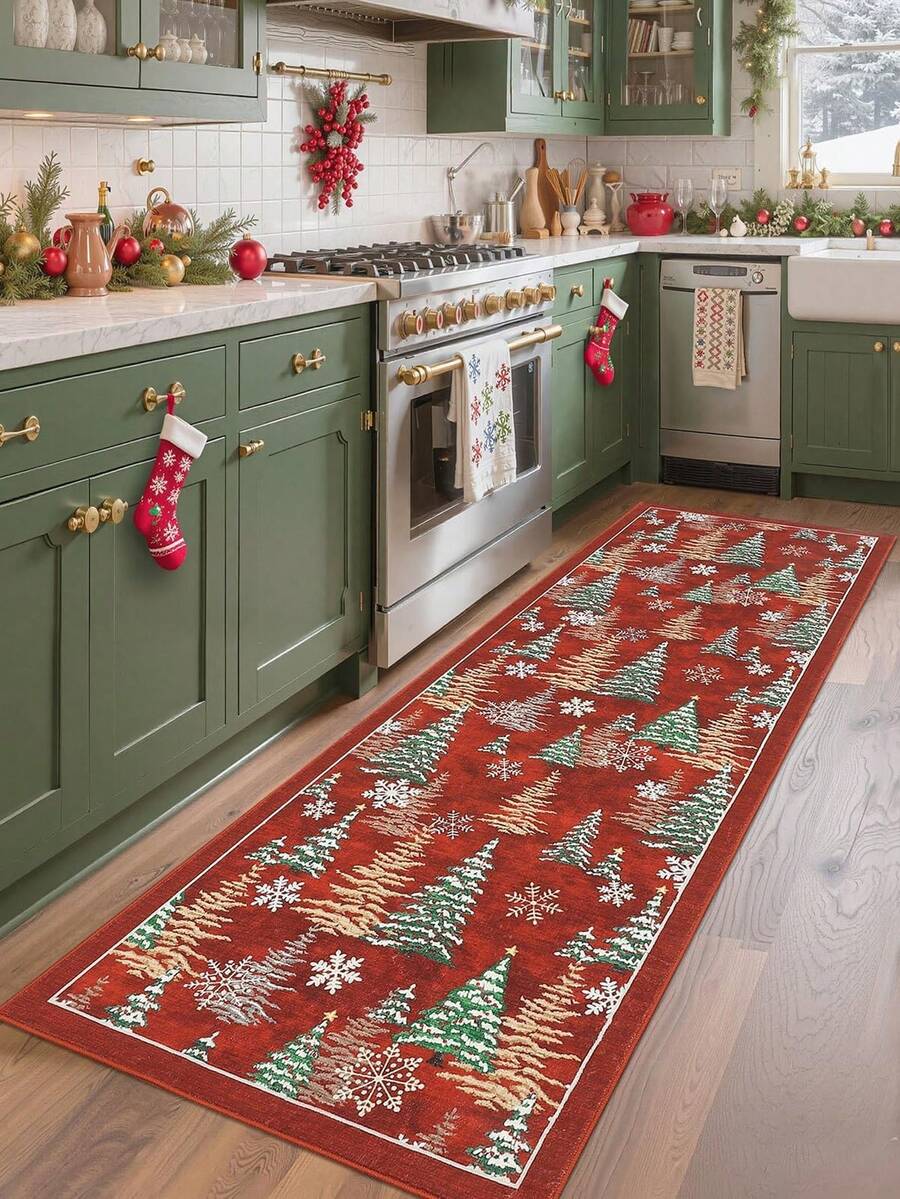 1pc Christmas Tree Carpet, Non-Slip And Washable, Suitable For Living Room, Bedroom, Hallway, Indoor And Outdoor Use, Easy To Create Warm Christmas Home And Room Decor - Red - View 1