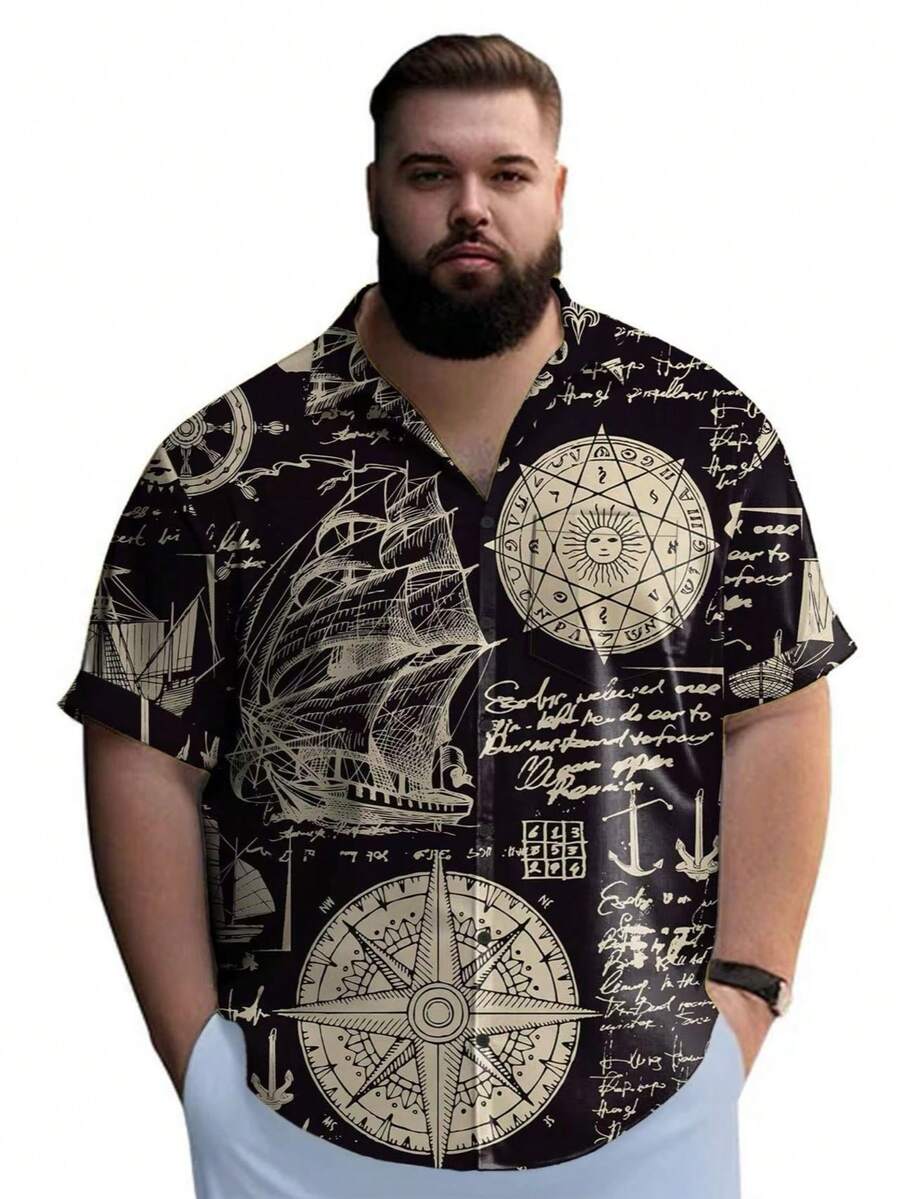 Men Plus Size Tropical Button-Up Shirt With Chest Pocket Design, Lightweight Non-Stretch Fabric Suitable For Beach Vacation Casual Wear , Hawaiian Party , Easy Care Summer, Hawaiian Themed Party Beach Attire, Tropical Print Breathable Fabric Vacation Short Sleeve Durable Construction Vacation Wardrobe, Vacation Style, Breathable Material, Vacation Wardrobe Essential, Vacation Wear Enthusiast, Tropical Vacation - Black - View 1