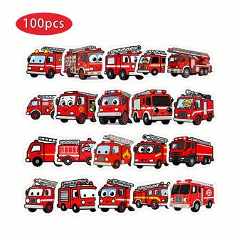 100pcs Fire Truck Sticker Pack, Holographic Vinyl Decals For Water Bottles, Laptops, Cars, Helmet, Skateboard, DIY Craft Decorations