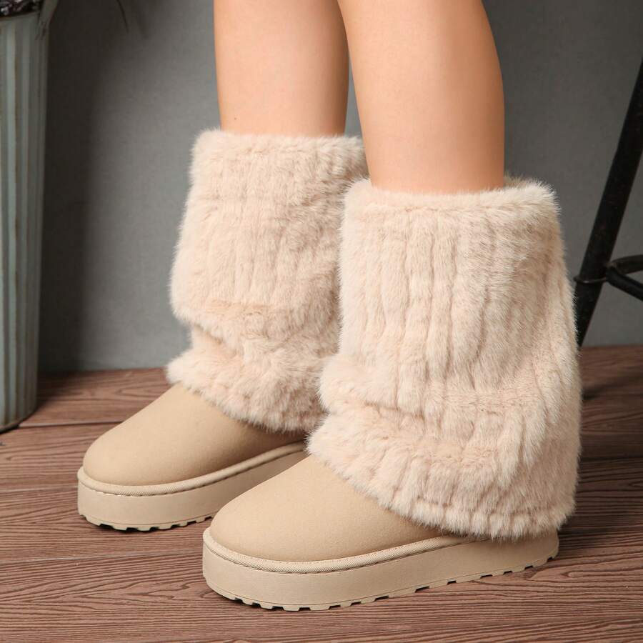 Women's Platform Snow Boots Winter Warm Faux Fur Lined Outdoor Shoes - 米色 - 查看 1