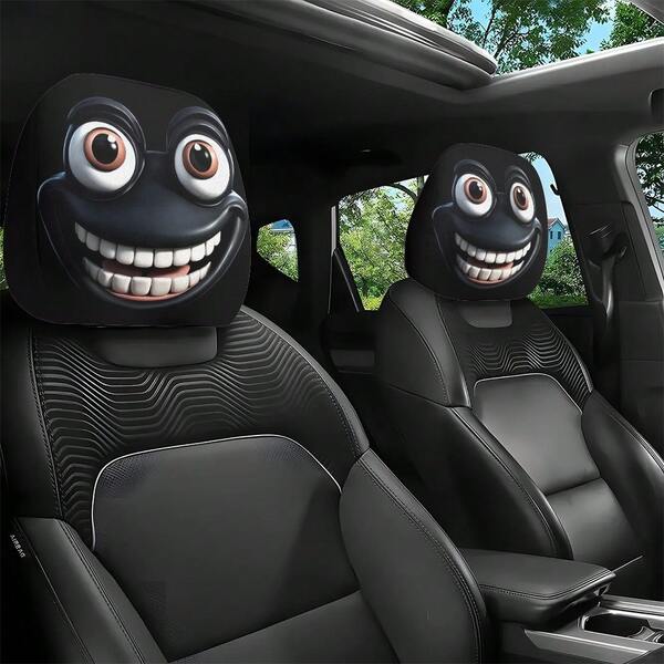 2pcs Funny Car Headrest Covers With Expressive Eyes, Nose And Mouth - Fits All Vehicles, Comfortable Snug Design, All Season, Black & Multi-Color Options (Halloween/Christmas/Thanksgiving) - Car Interior Decor Accessories, Provide Smiling & Surprised Expressions, Easy Installation, No Filling Required, Lightweight & Durable, Suitable For Travel & Commuting, Halloween Car Headrest Covers
