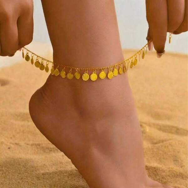 1pc 18k Gold Plated Minimalist Tassel Water Droplets Shaped Or Bell Pendant Anklet For Women & Girls Daily Wear