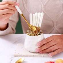 Juego de cucharas de café tarro de cerámica con 8 cucharas pequeñas para café té helado tarta cubiertos tarro de oro blanco + 8 cucharas - Tarrodeoroblanco8cucharas - Ver 4