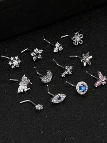12 PCS Nose Rings Stud L Shape Nose Rings Cubic Zirconia Butterfly Flower Eye Moon Crown Heart Lightning Shape Nose Studs Piercing Jewelry For Women Men 20G Silver Tone