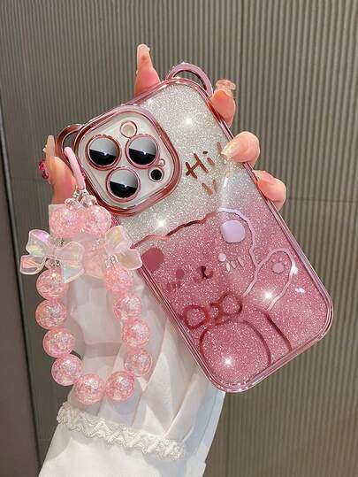 Custodia per telefono compatibile con Apple 12 Pro Max, bracciale Apple 16 PM, custodia antiurto per iPhone 13, custodia carina per iPhone 14, con glitter trasparenti e motivo a orsetto cartoni animati