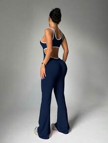 Midriff Cutout Design, Flare Leg Silhouette To Elongate Legs, #Sexy Activewear #Confident & Playful #Camera-Ready, Backless Jumpsuit, Cinched Waist Flare Leggings, Butt-Lifting Activewear, Waist-Cinched Booty-Lifting Yoga Set - Navy Blue - View 4