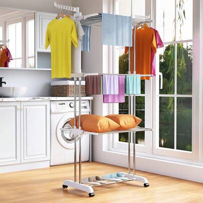 Secadora de pie de alto rendimiento de 3 niveles plegable, almacenamiento para garaje/balcón ahorrando espacio, resistente para el hogar, hotel y lavandería, fácil de mover y guardar, con función de secado. Almacenamiento de garaje, diseño compacto, marco duradero, suministros de hotel, tendedero, diseño compacto y portátil, tendedero, tendedero plegable, tendedero pequeño, tendedero plegable, tendedero ahorrando espacio, lavandería