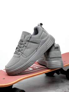 Giày thể thao nam đế bệt cổ điển màu xám trơn bằng da vá đơn giản, giày đi bộ cổ điển buộc dây - Xám - Xem 8