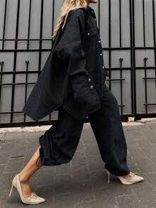 Women's Two Pieces Black Plus Size Shirt & Pants Set, Elegant Casual Style With Button Details, Suitable For Office & Daily Wear, Curve-Friendly Outfit For Fall/Winter, Perfect For Thanksgiving & Christmas Gatherings, Plus Size Elegant Suits