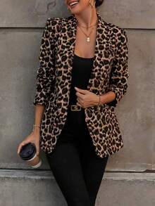 Women's Long Sleeve Leopard Print Lightweight Blazer Jacket With Button Detail, Regular Fit Outerwear Spring - Multicolor - View 1