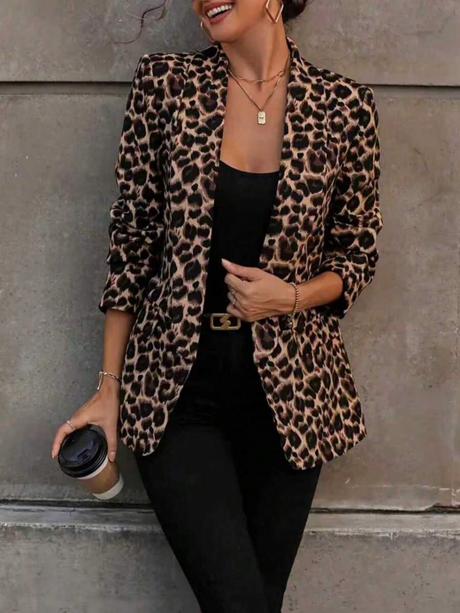 Women's Long Sleeve Leopard Print Lightweight Blazer Jacket With Button Detail, Regular Fit Outerwear Spring - Multicolor - View 1