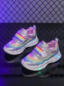 1 Pair Stylish LED Illuminated Breathable Mesh Sneakers, Suitable For Boys And Girls - Casual, Shock-Absorbing, All-Season Non-Slip Outdoor Running And Walking Shoes - Pink - View 6