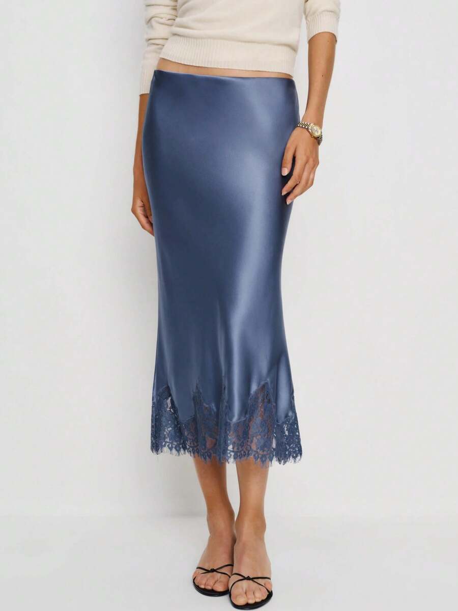 Women Satin Midi Skirt Silk Lace Trim Long Skirts Fashionable Elegant Solid Color A Line Flowy Silky Maxi Skirt For Under Dress Streetwear For Party Work Daily Wear - 藍色 - 查看 1