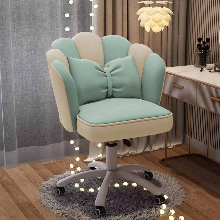 Cute Petal Desk Chair, Velvet Dressing Chair With Bow Upholstery, Butterfly Home Office Chairs For Bedroom, Computer Desk Chairs With Backrest - 藍白色 - 查看 1