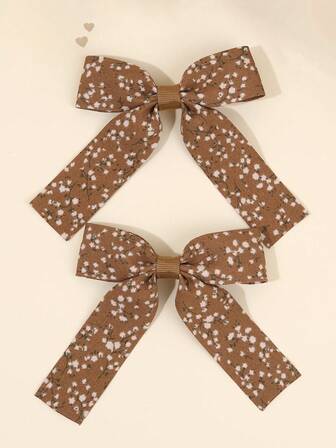 2个棕色布艺发夹，花朵印花蝴蝶结，鳄鱼夹，棕色调，秋冬发夹，新年礼物，优雅发卡，节日派对头饰，青少年发饰