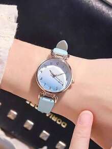 Bestselling Quartz Women's Watch, Round Compact Design, Business Casual Elegant Luxury Petite Girly PU Strap Battery Wristwatch, Multi-Color Gradient, Versatile, Student/Holiday Gift For Friends - Multicolor - View 4