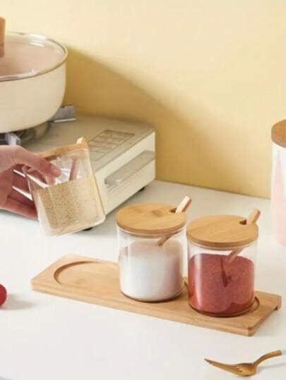 1pc Glass Spice Jar (With Spoon), Airtight Food Storage Container For Sugar, Cookies, Tea, Snacks, Spices, Salt And Pepper, Borosilicate Glass Jar With Wooden Lid, Food Storage Canister With Spoon