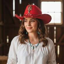 Western Style Cowgirl Cap Stylish Sequin Lobster Decorated Wide Brimmed Hat For Men Women Outdoor Wear Suitable For Home Indoor Holiday Decoration, School Party Activities, And Must Choose Christmas And New Year Gifts - 紅色 - 查看 2
