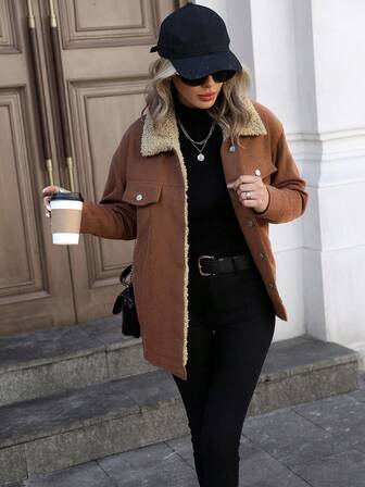 Chaqueta versátil de uso casual de largo medio con forro térmico, bolsillos de pana de unicolor, parches térmicos, adecuada para vacaciones, uso diario, viajes, otoño/invierno