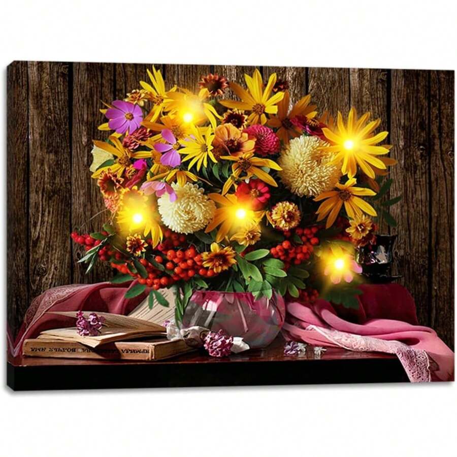 2025 Christmas Canvas Wall Art Print 12" X 16" With Timer | LED Lighted Design - Flower Bouquet - View 1