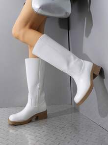 Womens Square Toe Chunky Block Heel Knee High Boots Banana Campus Boots For Women Casual Comfortable Low Heel Side Zipper Riding Tall Boots - trắng - Xem 2