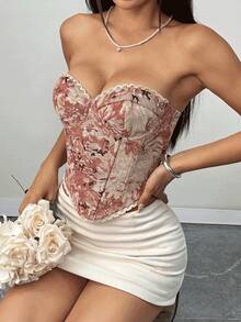 JSE 复古花卉印花不对称蕾丝边浪漫抹胸上衣 - 粉色 - 查看 6