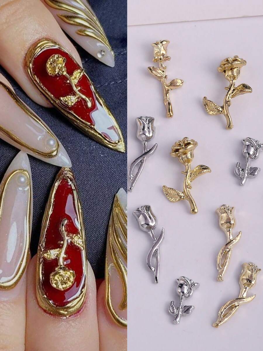 10 件玫瑰美甲配件 Y2K 风格郁金香花朵美甲装饰 3D 金属水钻美甲 DIY 配件适合情人节浪漫艺术装饰配件金银色美甲配件美甲宝石美甲用品指甲美甲饰品美甲宝石 - 彩色 - 查看 1