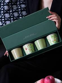 1/4pcs Oriental Floral Porcelain Mug Set, 4pcs Handhold Tea/Coffee Cup Gift Box, Elegant Green Ceramic Drinkware Decorated With Traditional Floral Patterns, Ideal For Birthday, Holiday Gifts And Home Decor - Multicolor - View 1