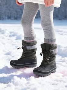 Kids Snow Boots For Boys And Girls, Water-Resistant Mid Calf Winter Shoes With Faux Fur Lining, Warm Insulated Anti-Slip Boots For Little Big Kid - Màu xám đen - Xem 1