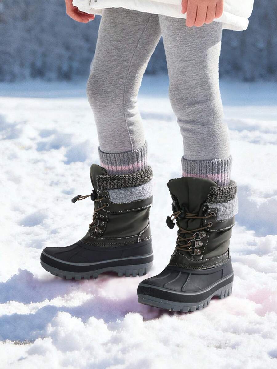 Kids Snow Boots For Boys And Girls, Water-Resistant Mid Calf Winter Shoes With Faux Fur Lining, Warm Insulated Anti-Slip Boots For Little Big Kid - Màu xám đen - Xem 1