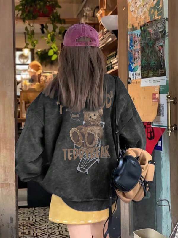 Women's Y2K Loose Cotton Comfortable Black Washed Vintage American Hip Hop Brown Bear Letter Print Casual Vacation Home Street Chic Student Sweatshirt, Autumn/Winter