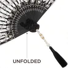 NEW-Lace Hand Fan Non-Foldable Vintage Bridal Handheld Fans With Rhinestone And Embroidered For Wedding Decoration Dancing Party (Gold) - 黑色 - 查看 5