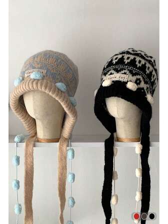 Winter New Knitted Knitted Earflap Beanie Hat For Women, Outdoor Travel Ear Protection Warm Fuzzy Trapper Hat, Cute Colorful Tie Strap Warm Earmuff Knit Cap, Versatile Warm Thermal Lined Knit Hat For Autumn/Winter