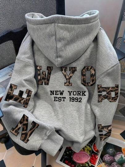 1pc Tween Girl Thermal Lined Thick Warm New York Print Hoodie Sweatshirt, Young Student Clothing, Suitable For Kids Autumn/Winter Long Sleeve Top