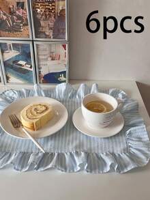 1件/2件/6件装韩式ins风蓝白条纹荷叶边餐巾，法式荷叶边餐垫，清新餐桌布 - 彩色 - 查看 10