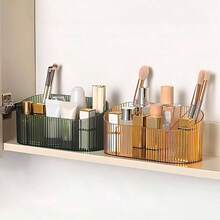 Capacity Brush Holder, 5 Slot Brush Holder, Vintage Striped Make Brush Holder, Vanity Decor, Bathroom Countertops, Desk Storage Container, Cosmetic Display Cases - Yellow - View 2
