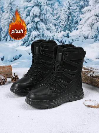 Women's Snow Boots, New Autumn/Winter High-Top Mid-Calf Lace-Up Comfortable Thick-Soled Non-Slip Durable Solid Black Casual Boots, Suitable For Young Women, Fashionable Outdoor Hiking Adventure, Thick Plush Lining, Waterproof Leather Upper, Comfortable And Warm