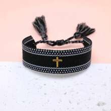 1pc Embroidered Cross Boho Handmade Woven Tassel Bracelet - Black - View 3