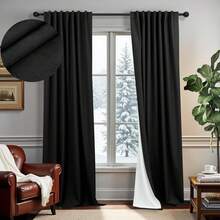Cream Linen Blackout Curtains 84 Inch Long 2 Panel Set, Thermal Insulated Light Blocking, Neutral Rustic Farmhouse Style, Ivory White, 2025 - Black - View 3